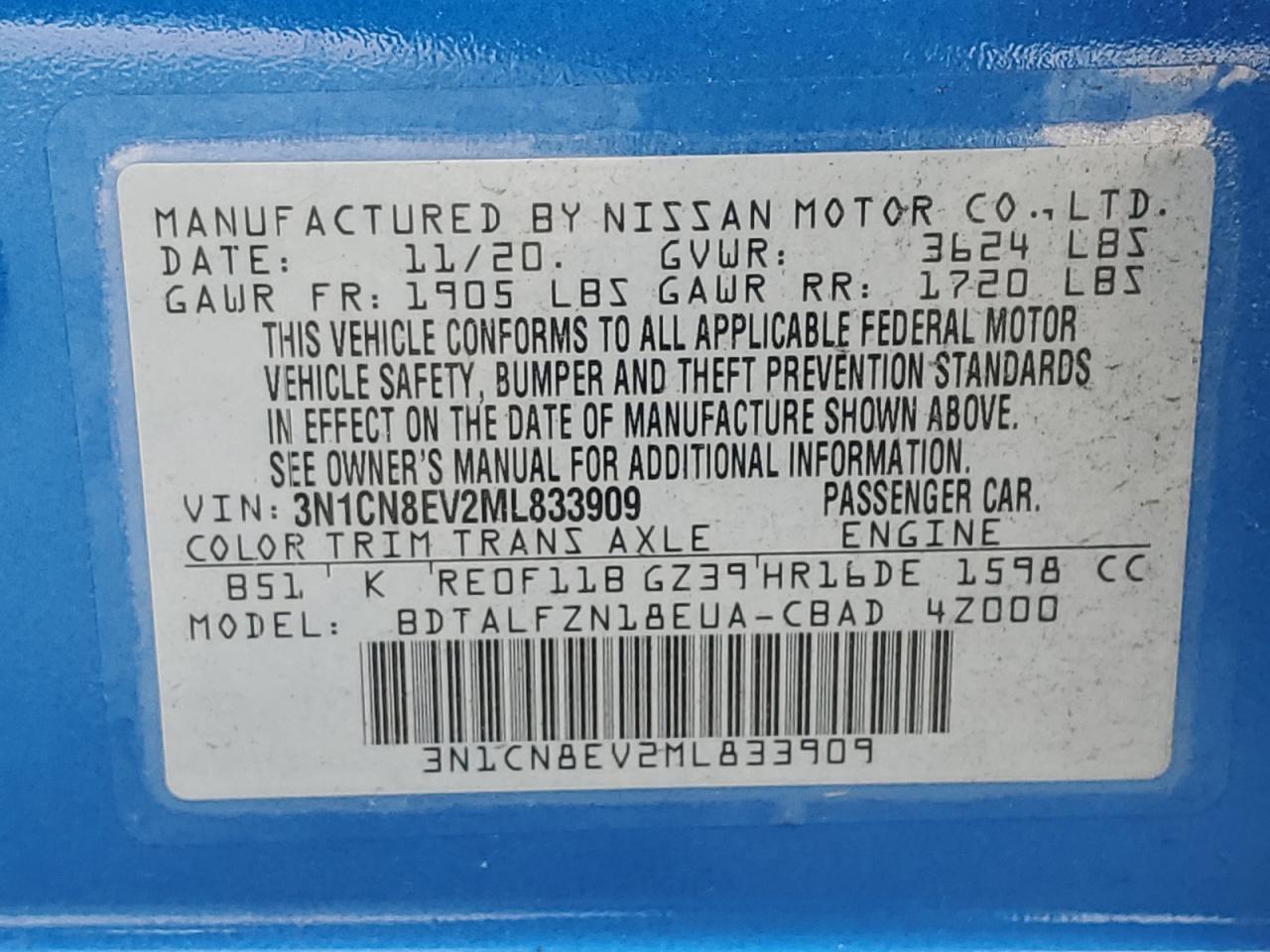 2021 Nissan Versa Sv VIN: 3N1CN8EV2ML833909 Lot: 65845204