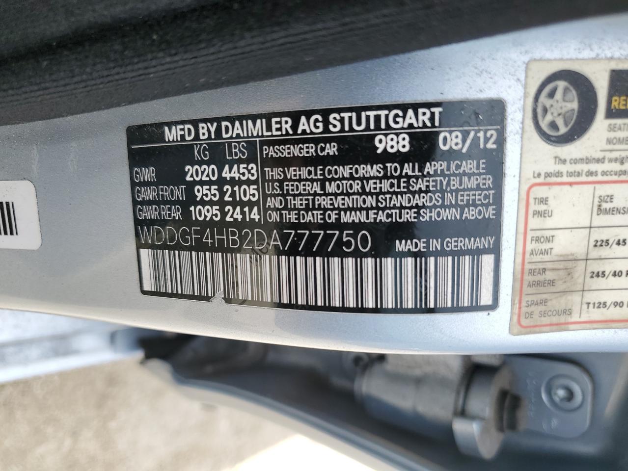 2013 Mercedes-Benz C 250 VIN: WDDGF4HB2DA777750 Lot: 69235444