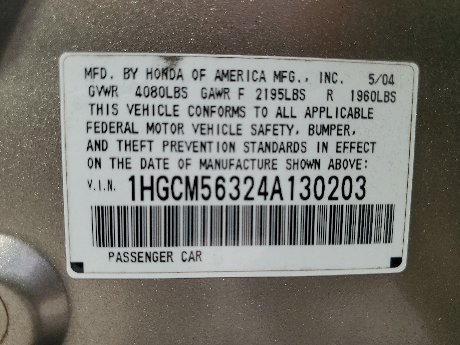 1HGCM56324A130203 2004 Honda Accord Lx