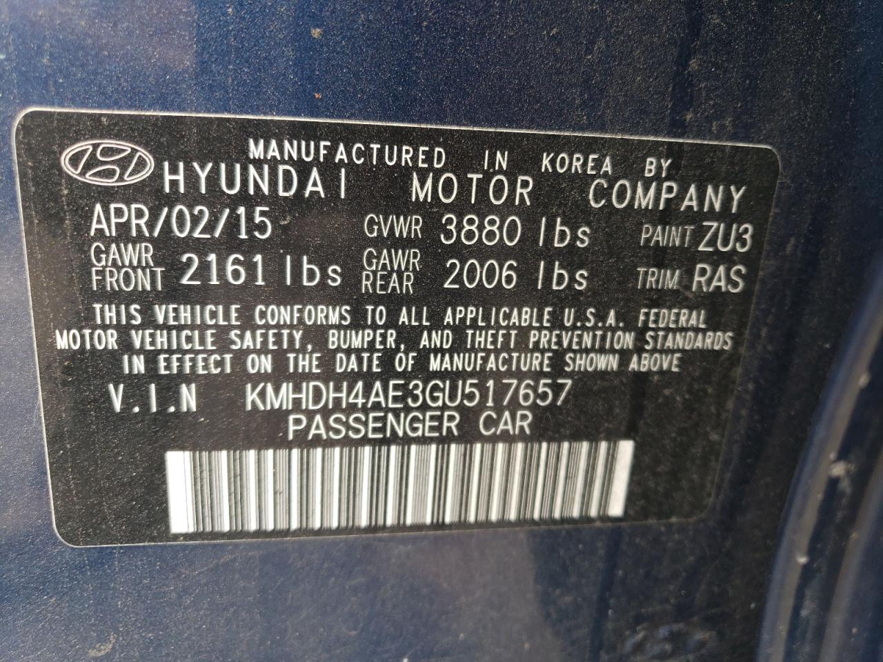 KMHDH4AE3GU517657 2016 Hyundai Elantra Se