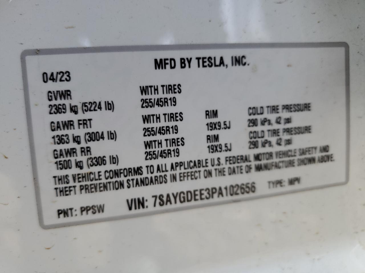 2023 Tesla Model Y VIN: 7SAYGDEE3PA102656 Lot: 65740324