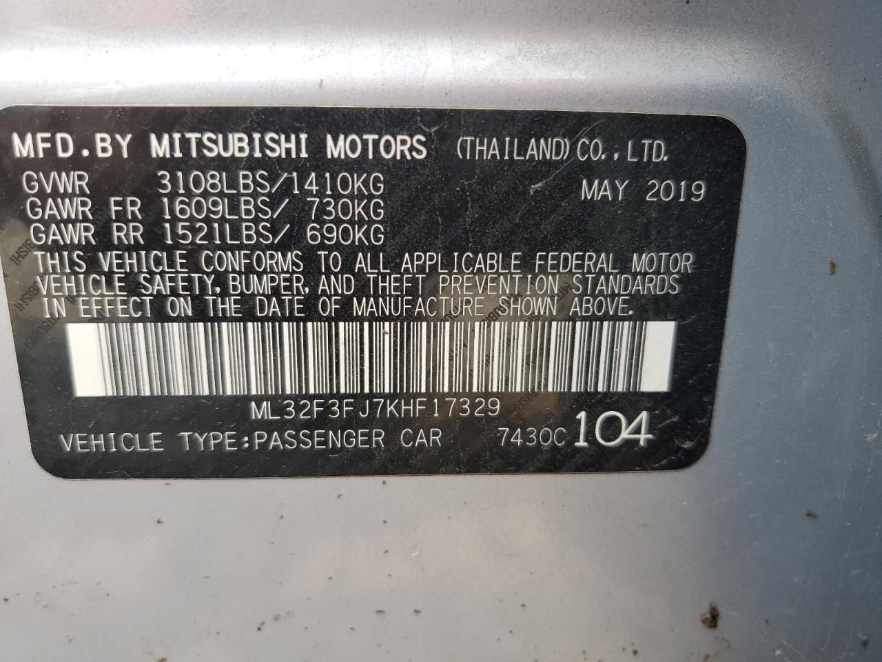 ML32F3FJ7KHF17329 2019 Mitsubishi Mirage G4 Es