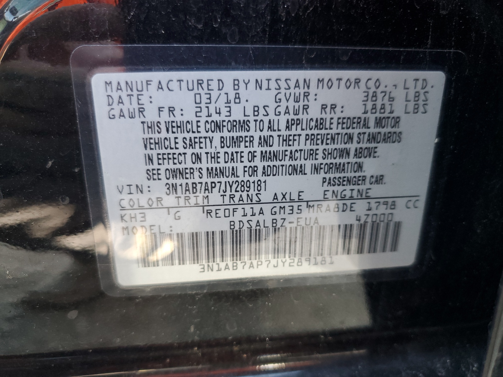 2018 Nissan Sentra S vin: 3N1AB7AP7JY289181