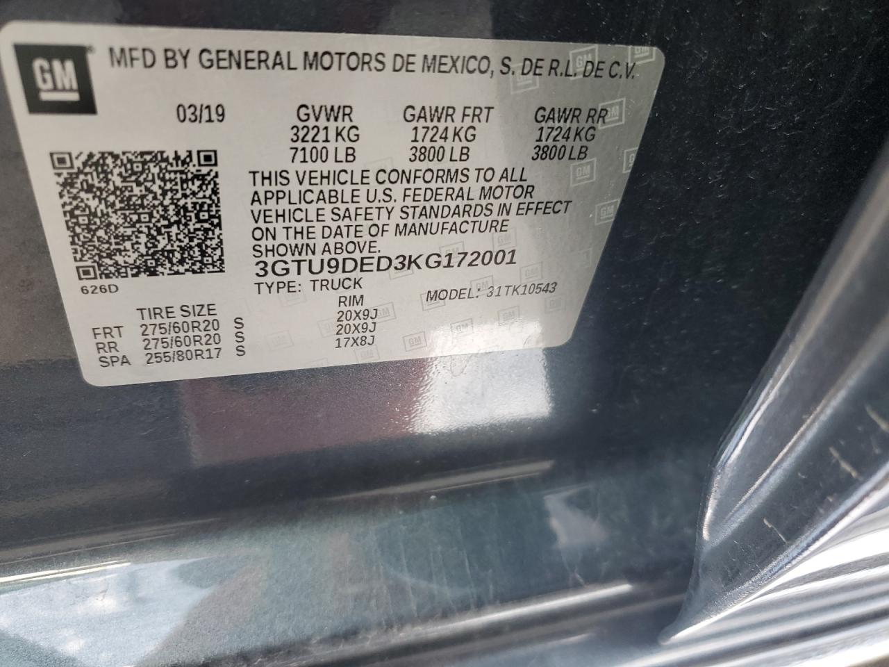 3GTU9DED3KG172001 2019 GMC Sierra K1500 Slt