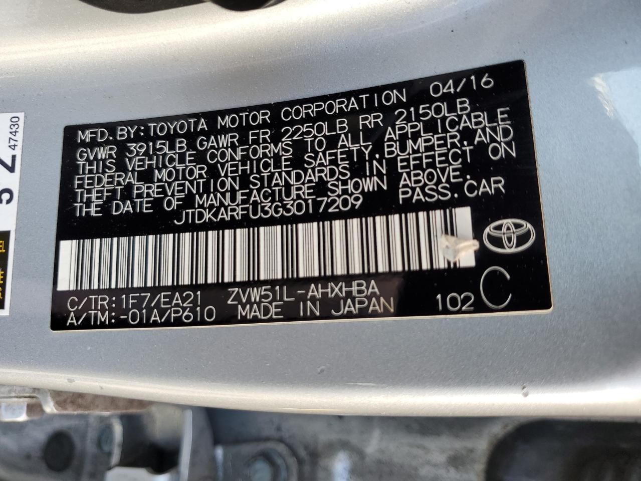 2016 Toyota Prius VIN: JTDKARFU3G3017209 Lot: 67150684