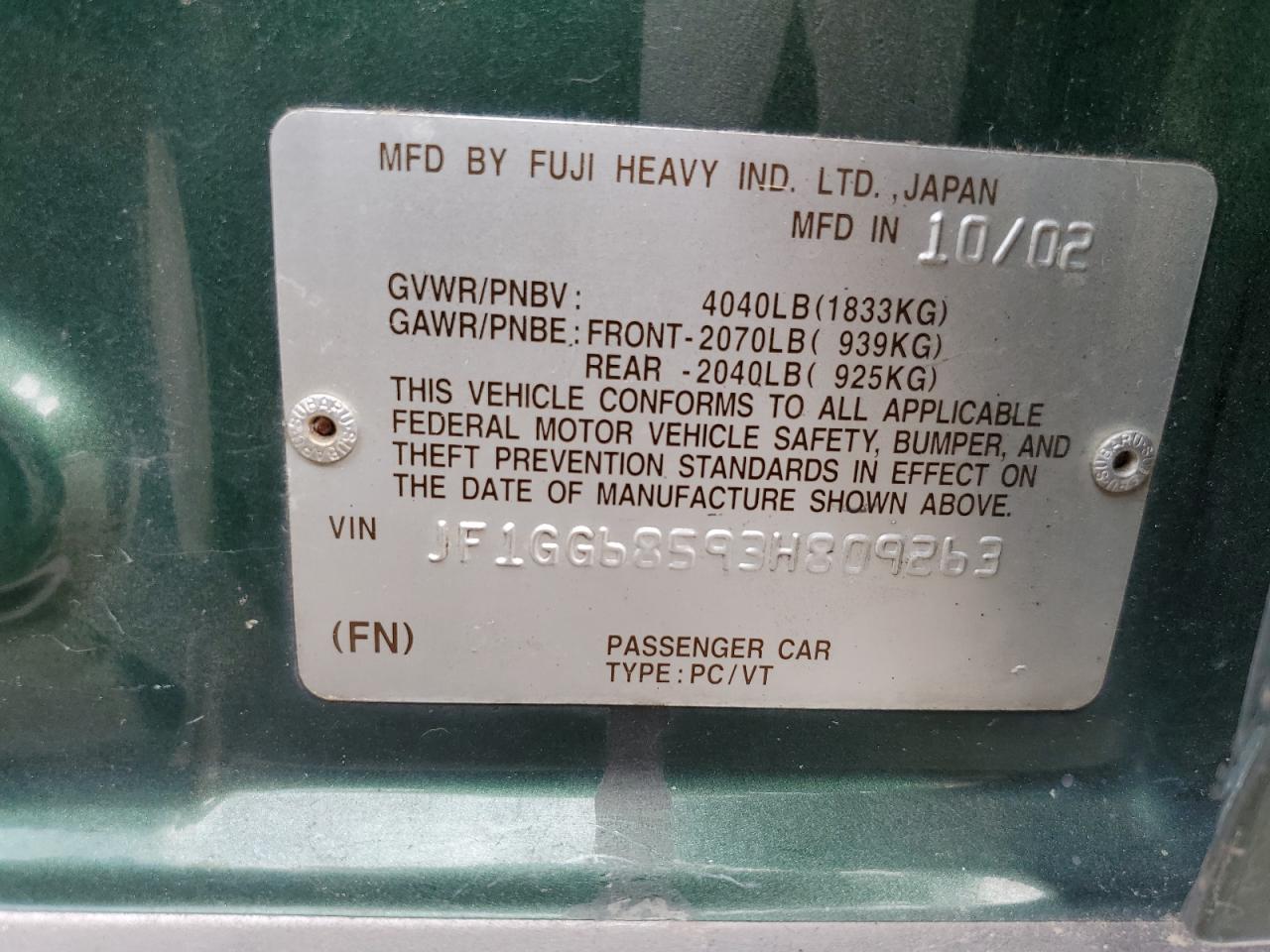 2003 Subaru Impreza Outback Sport VIN: JF1GG68593H809263 Lot: 67026634