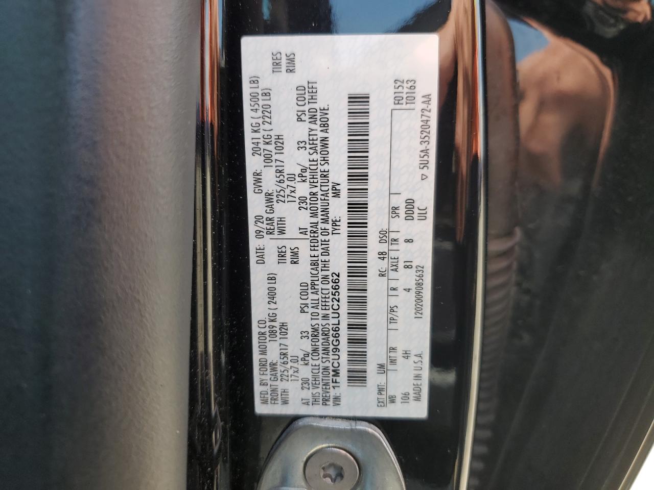 2020 Ford Escape Se VIN: 1FMCU9G66LUC25662 Lot: 67420524