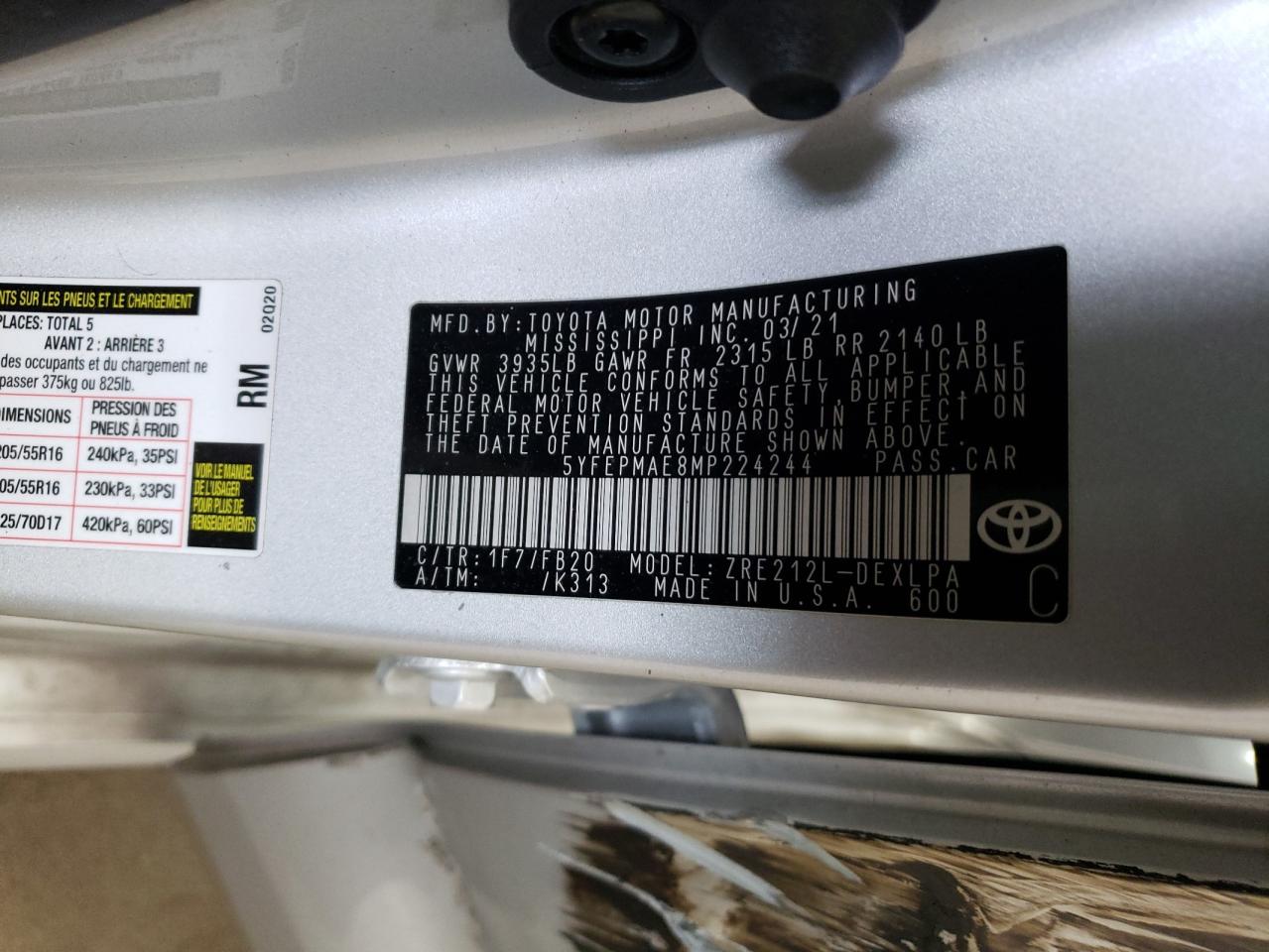 5YFEPMAE8MP224244 2021 Toyota Corolla Le 5YFEPMAE8MP224244 2021 Toyota Corolla Le