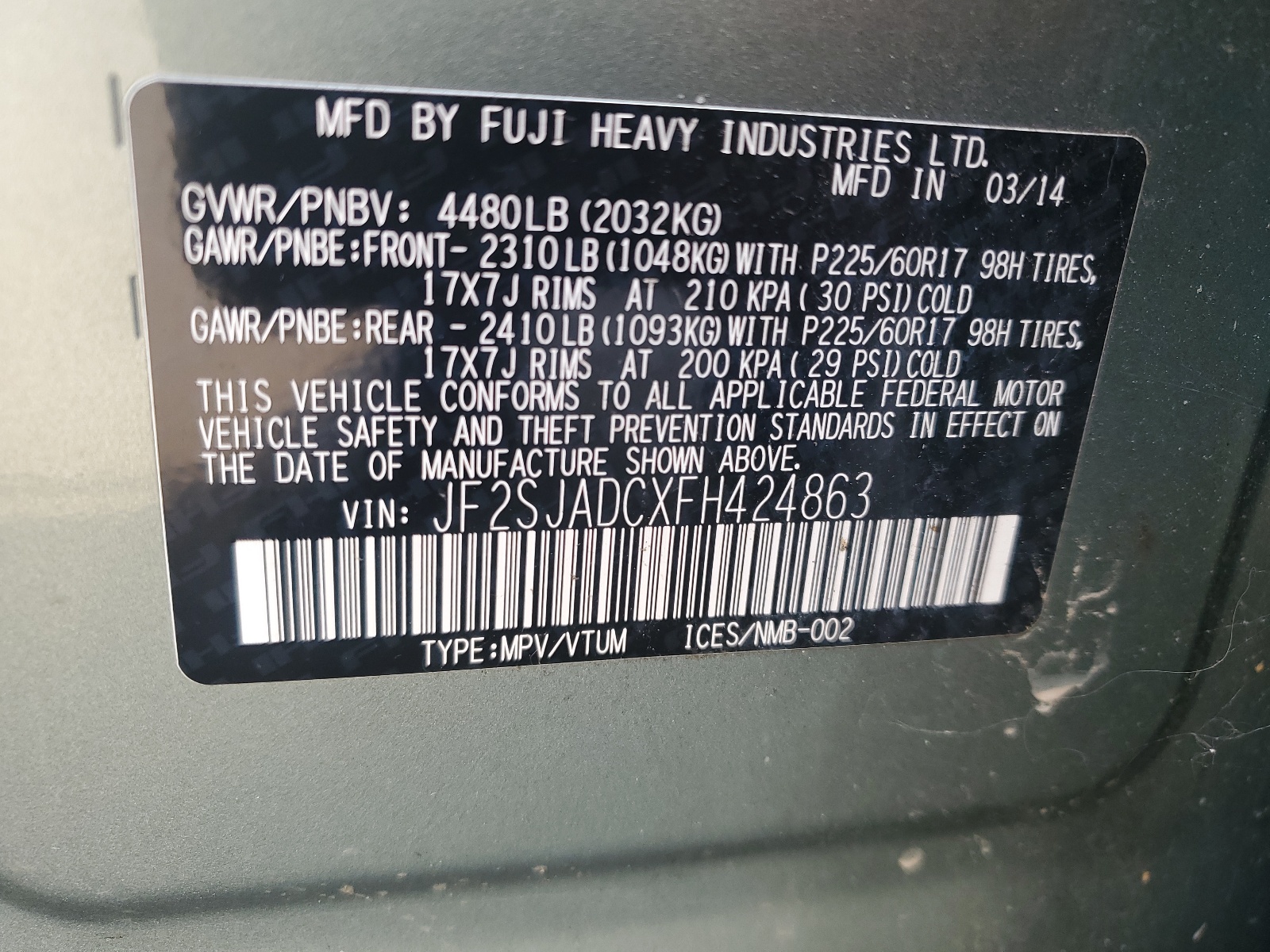 JF2SJADCXFH424863 2015 Subaru Forester 2.5I Premium