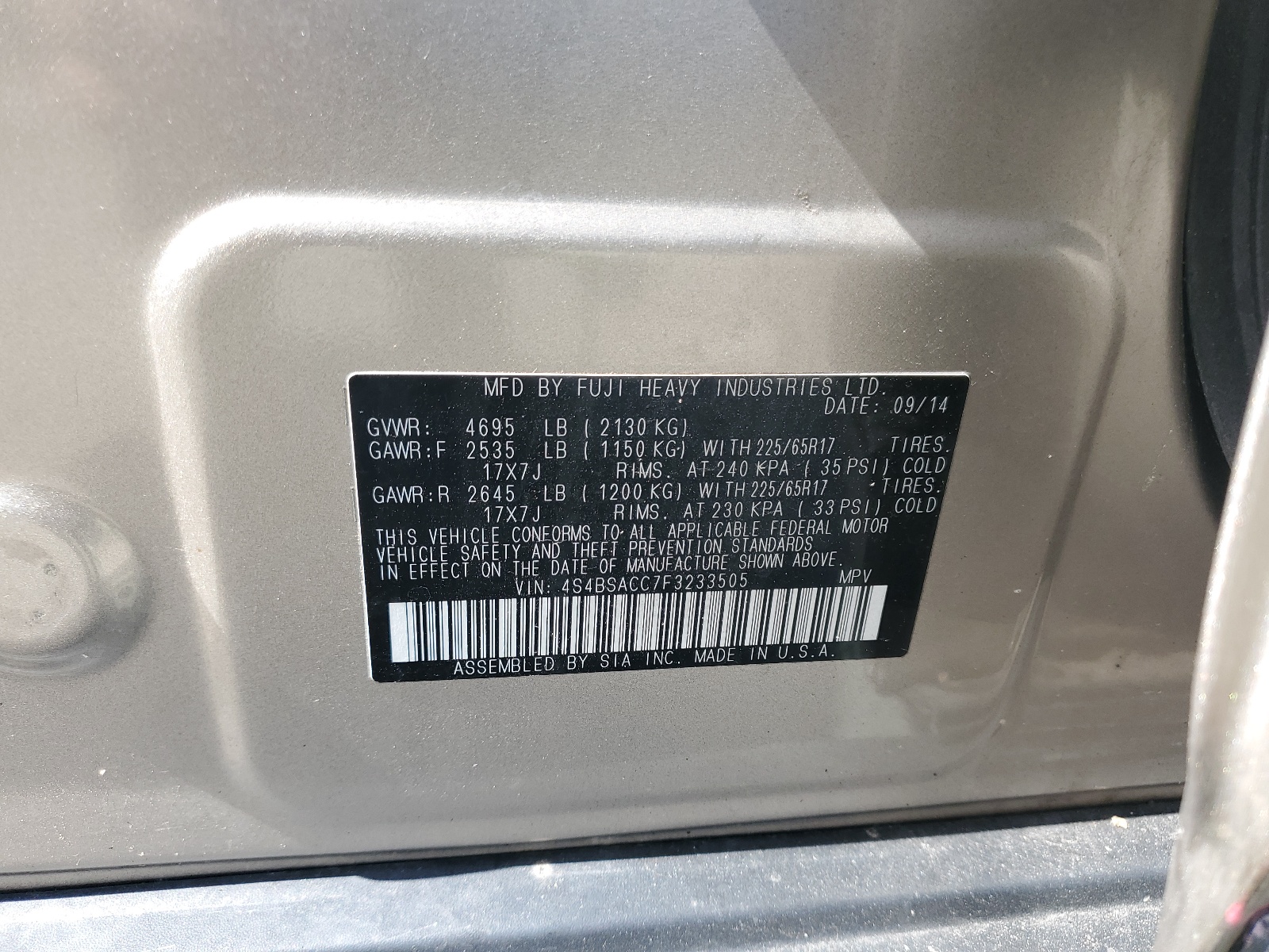 4S4BSACC7F3233505 2015 Subaru Outback 2.5I Premium