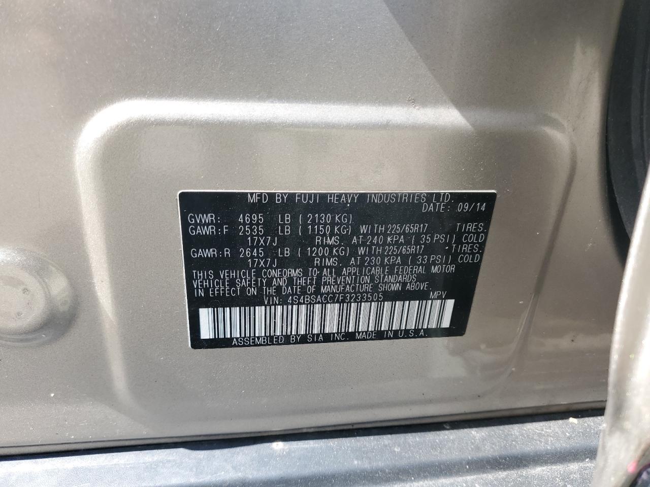 2015 Subaru Outback 2.5I Premium VIN: 4S4BSACC7F3233505 Lot: 67877084