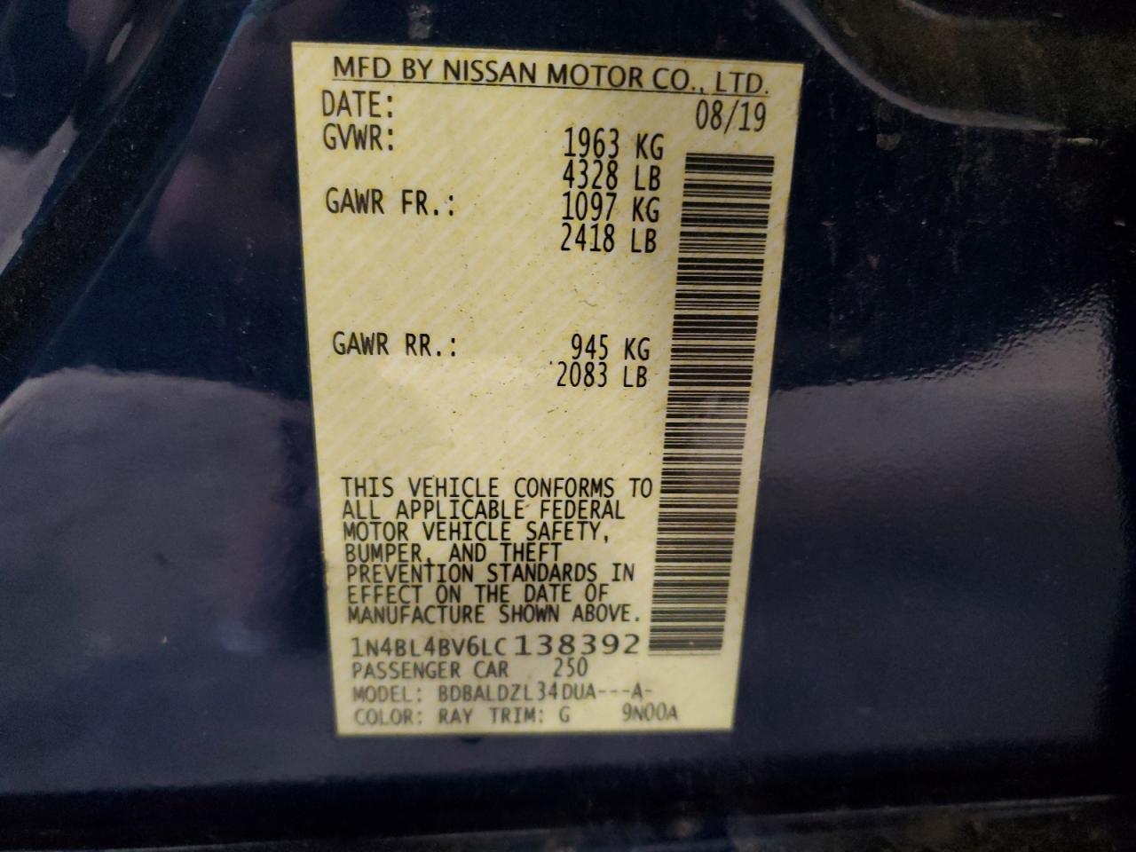 1N4BL4BV6LC138392 2020 Nissan Altima S