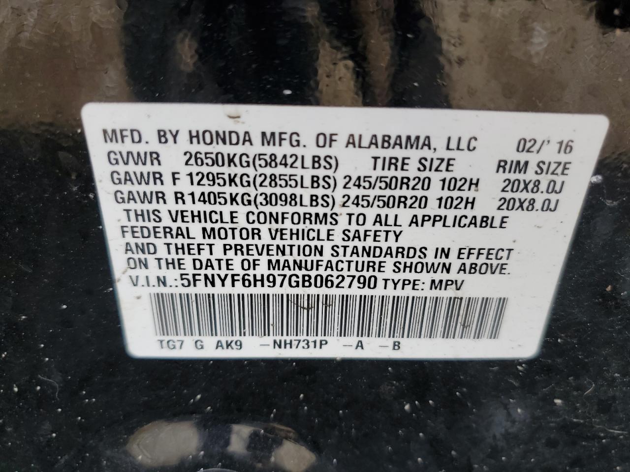 2016 Honda Pilot Touring VIN: 5FNYF6H97GB062790 Lot: 65668184