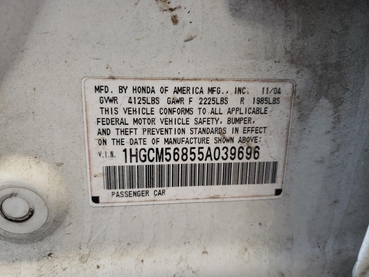 1HGCM56855A039696 2005 Honda Accord Ex