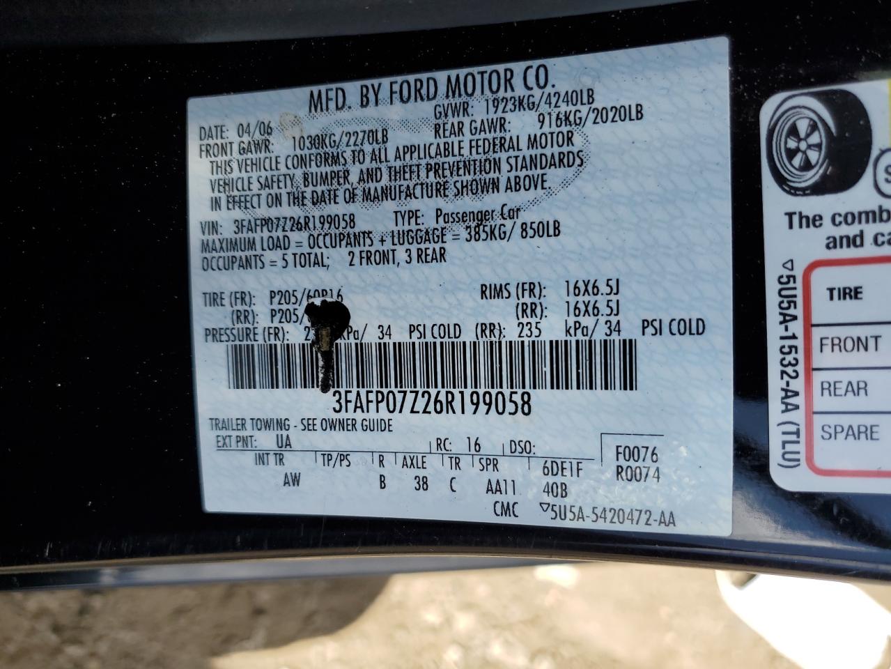 2006 Ford Fusion Se VIN: 3FAFP07Z26R199058 Lot: 67645494