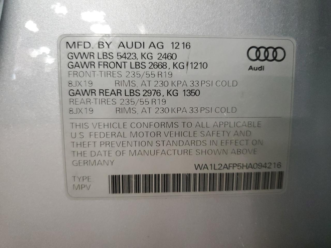 2017 Audi Q5 Premium Plus VIN: WA1L2AFP5HA094216 Lot: 68124684