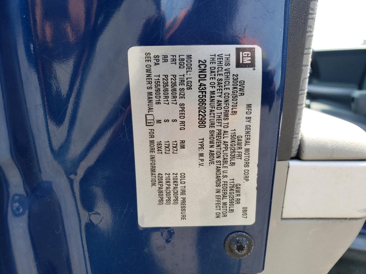 2008 Chevrolet Equinox Lt VIN: 2CNDL43F586022980 Lot: 66088894