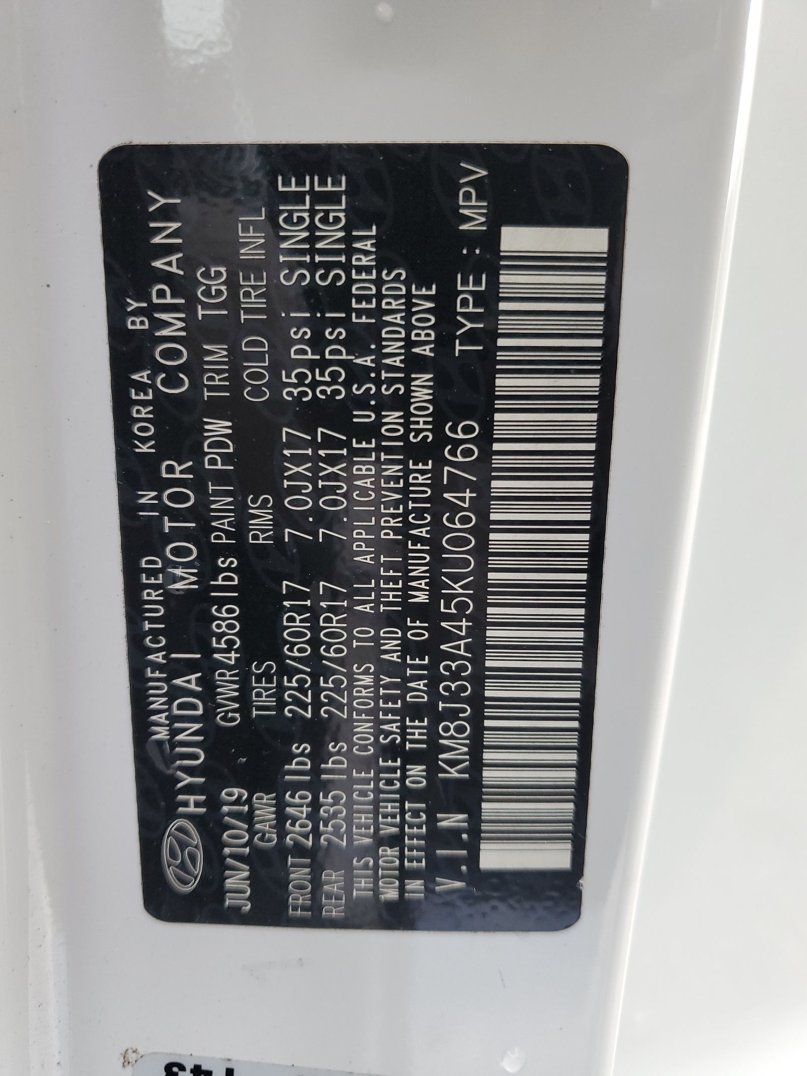 KM8J33A45KU064766 2019 Hyundai Tucson Limited