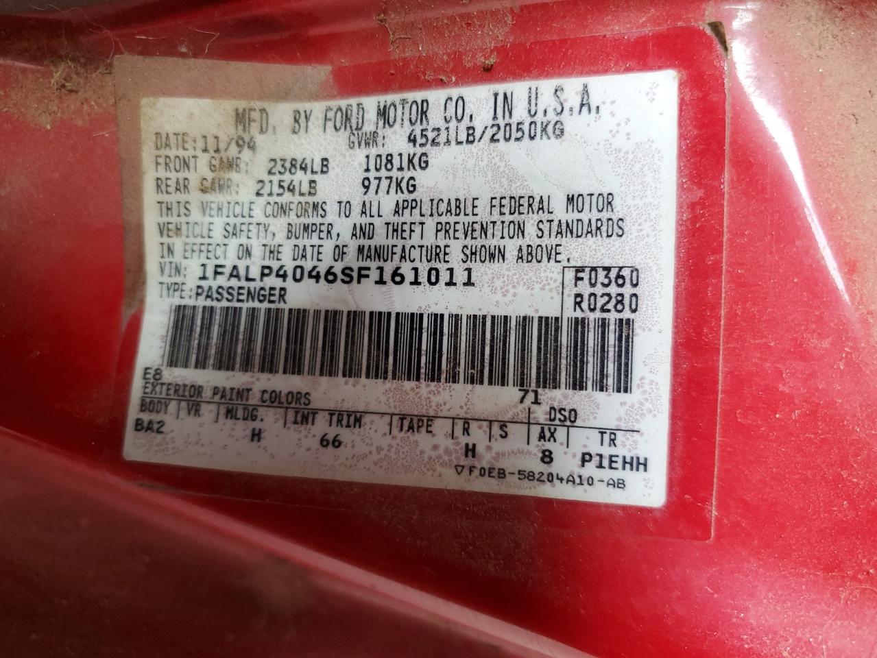 1995 Ford Mustang VIN: 1FALP4046SF161011 Lot: 66010754