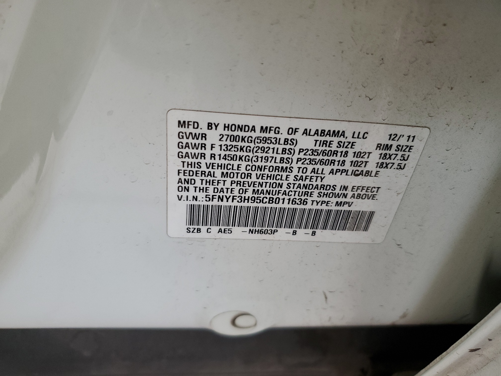 5FNYF3H95CB011636 2012 Honda Pilot Touring