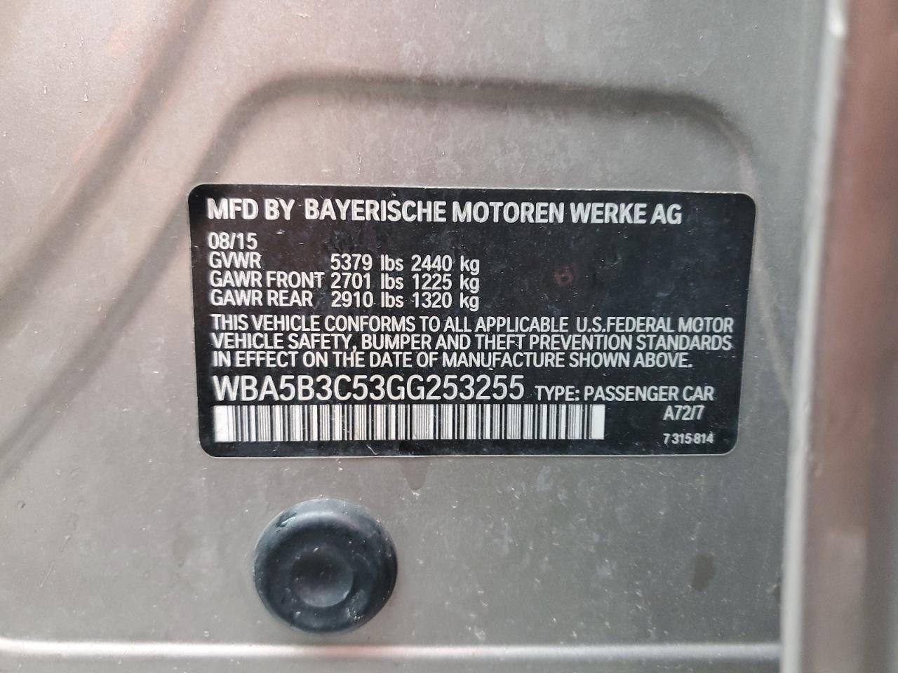 2016 BMW 535 Xi VIN: WBA5B3C53GG253255 Lot: 65916984