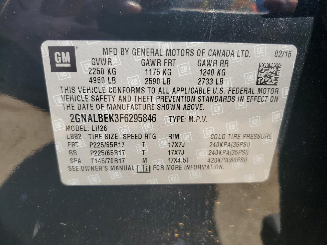 2GNALBEK3F6295846 2015 Chevrolet Equinox Lt