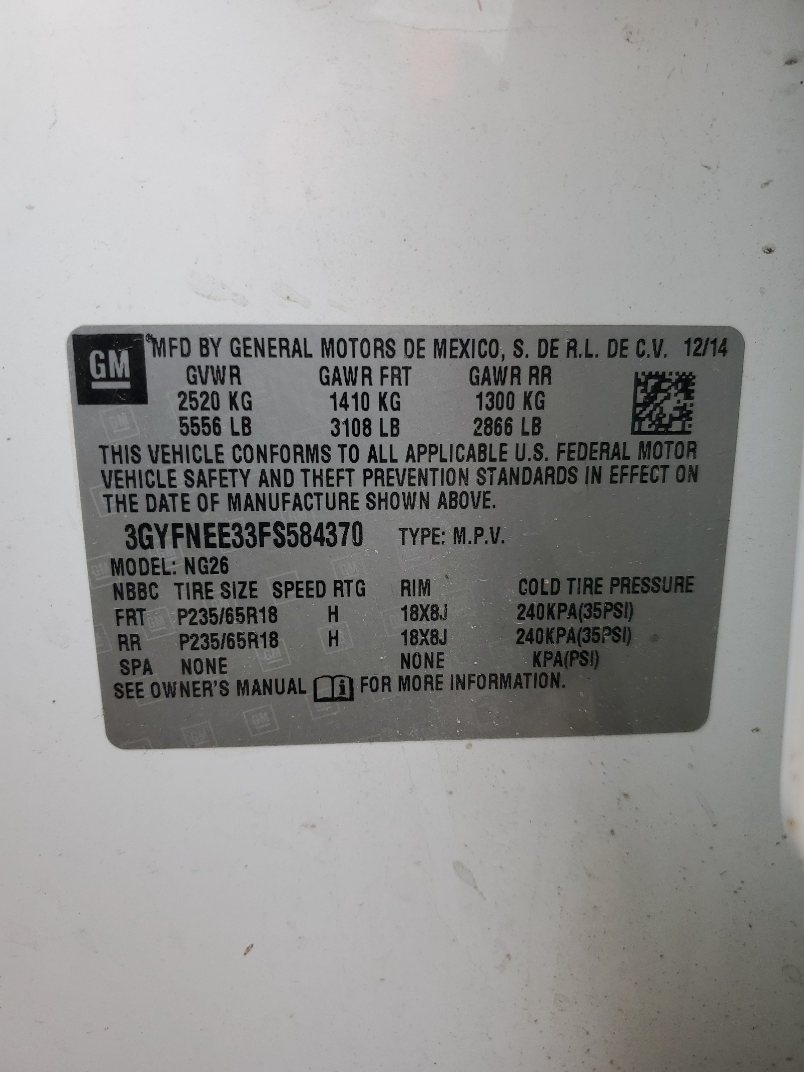 3GYFNEE33FS584370 2015 Cadillac Srx Luxury Collection