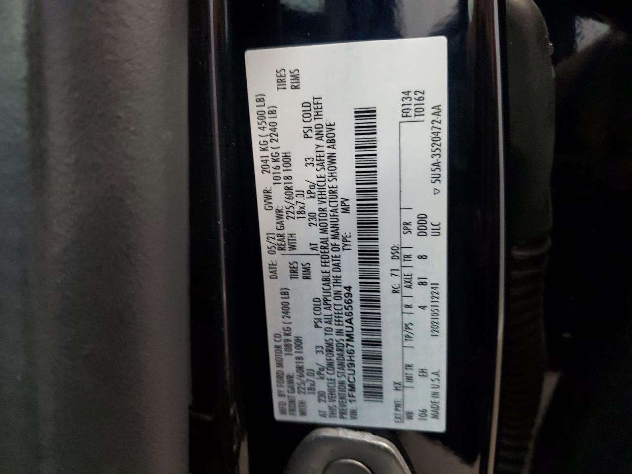 2021 Ford Escape Sel VIN: 1FMCU9H67MUA65694 Lot: 67898514