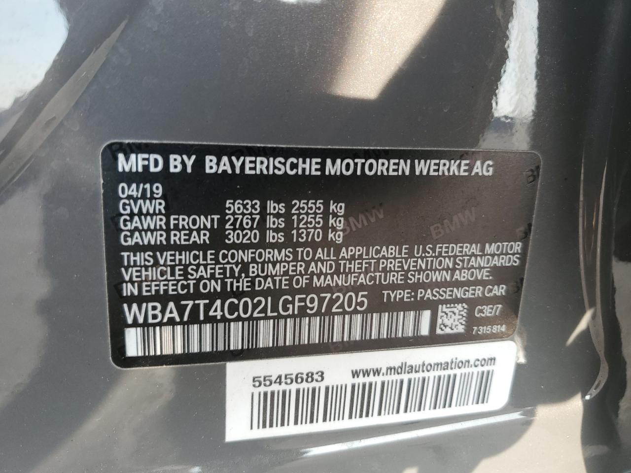 2020 BMW 740 Xi VIN: WBA7T4C02LGF97205 Lot: 69569084