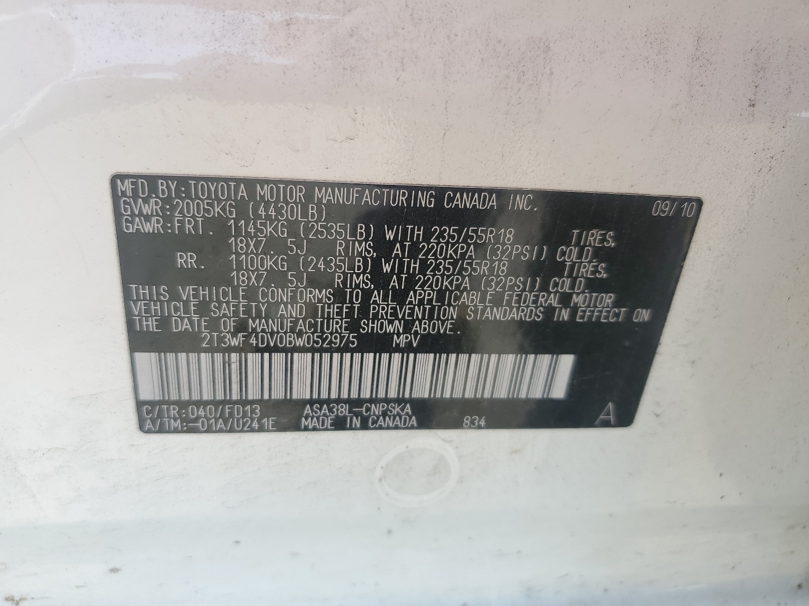 2T3WF4DV0BW052975 2011 Toyota Rav4 Sport