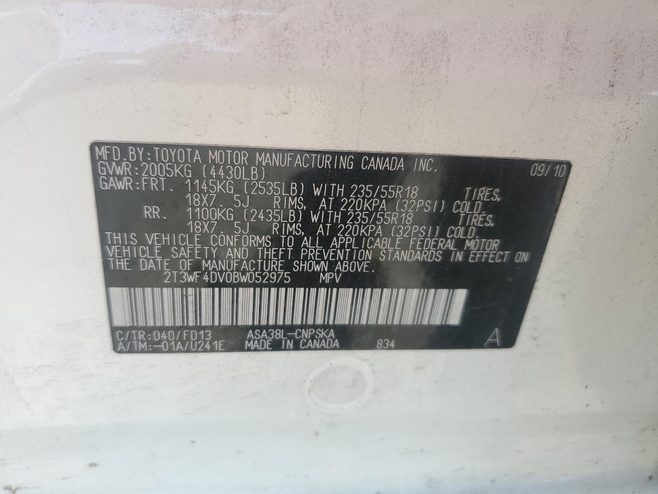 2011 Toyota Rav4 Sport VIN: 2T3WF4DV0BW052975 Lot: 66944624