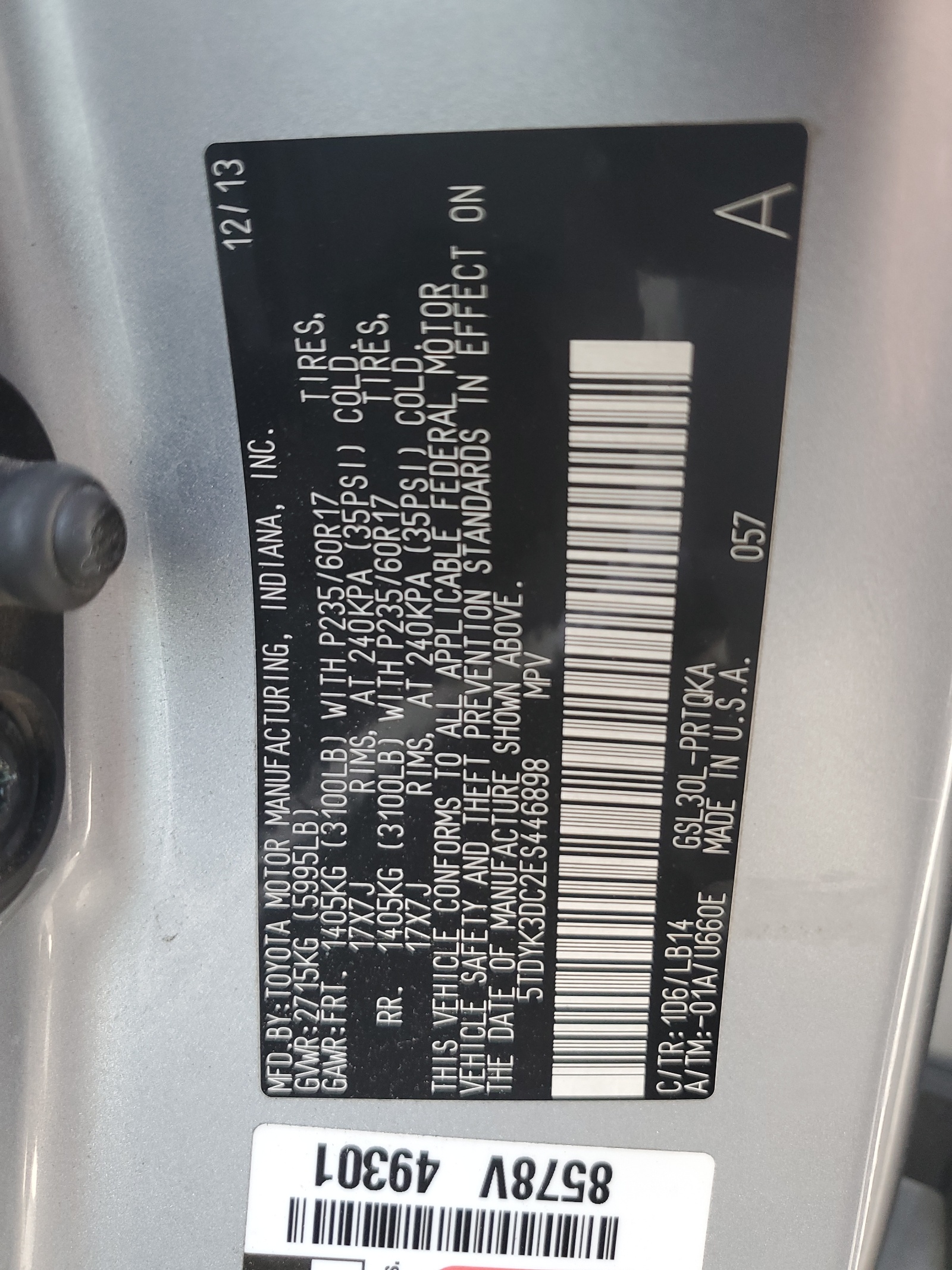 2014 Toyota Sienna Xle vin: 5TDYK3DC2ES446898