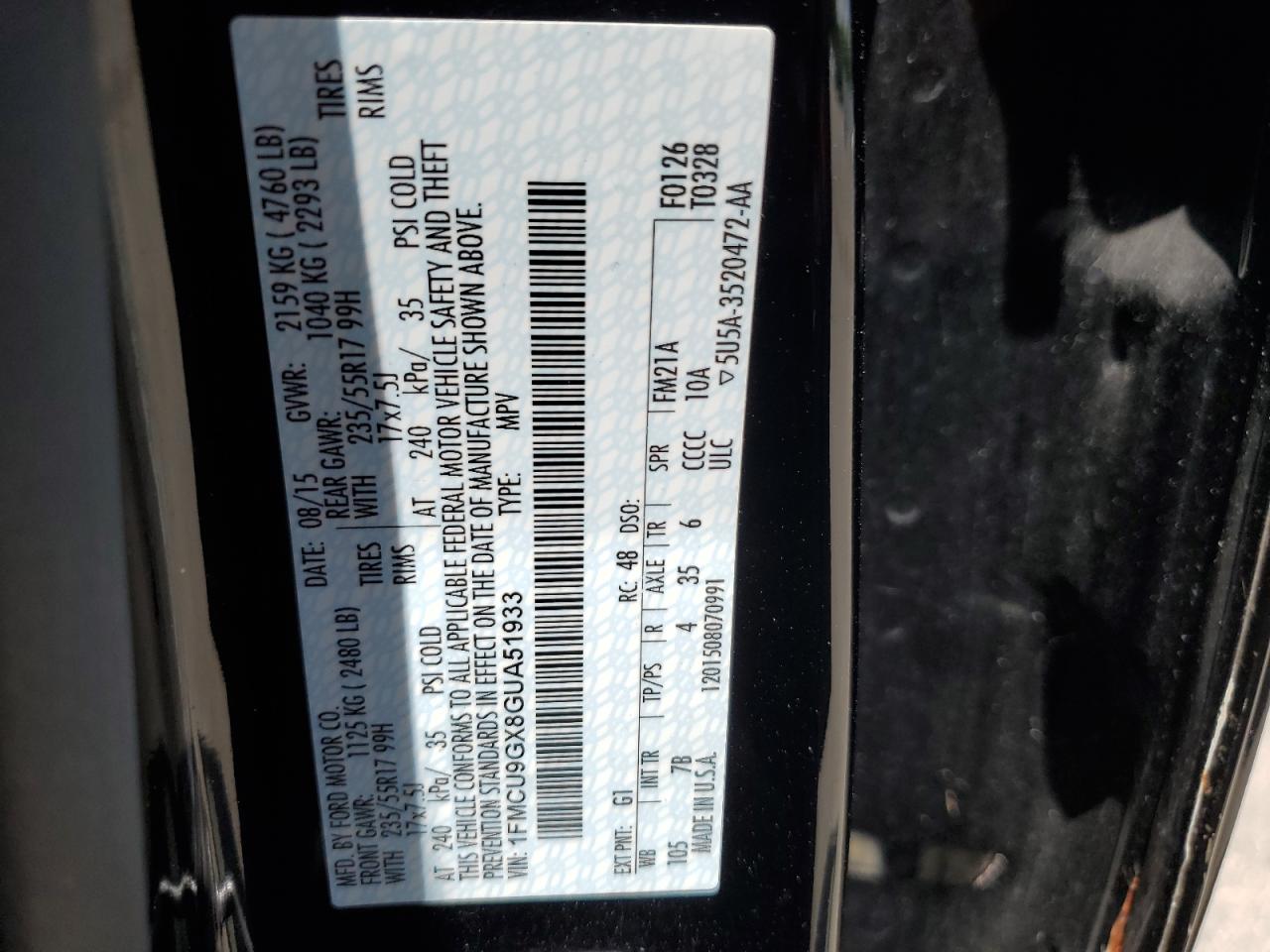 2016 Ford Escape Se VIN: 1FMCU9GX8GUA51933 Lot: 65706514