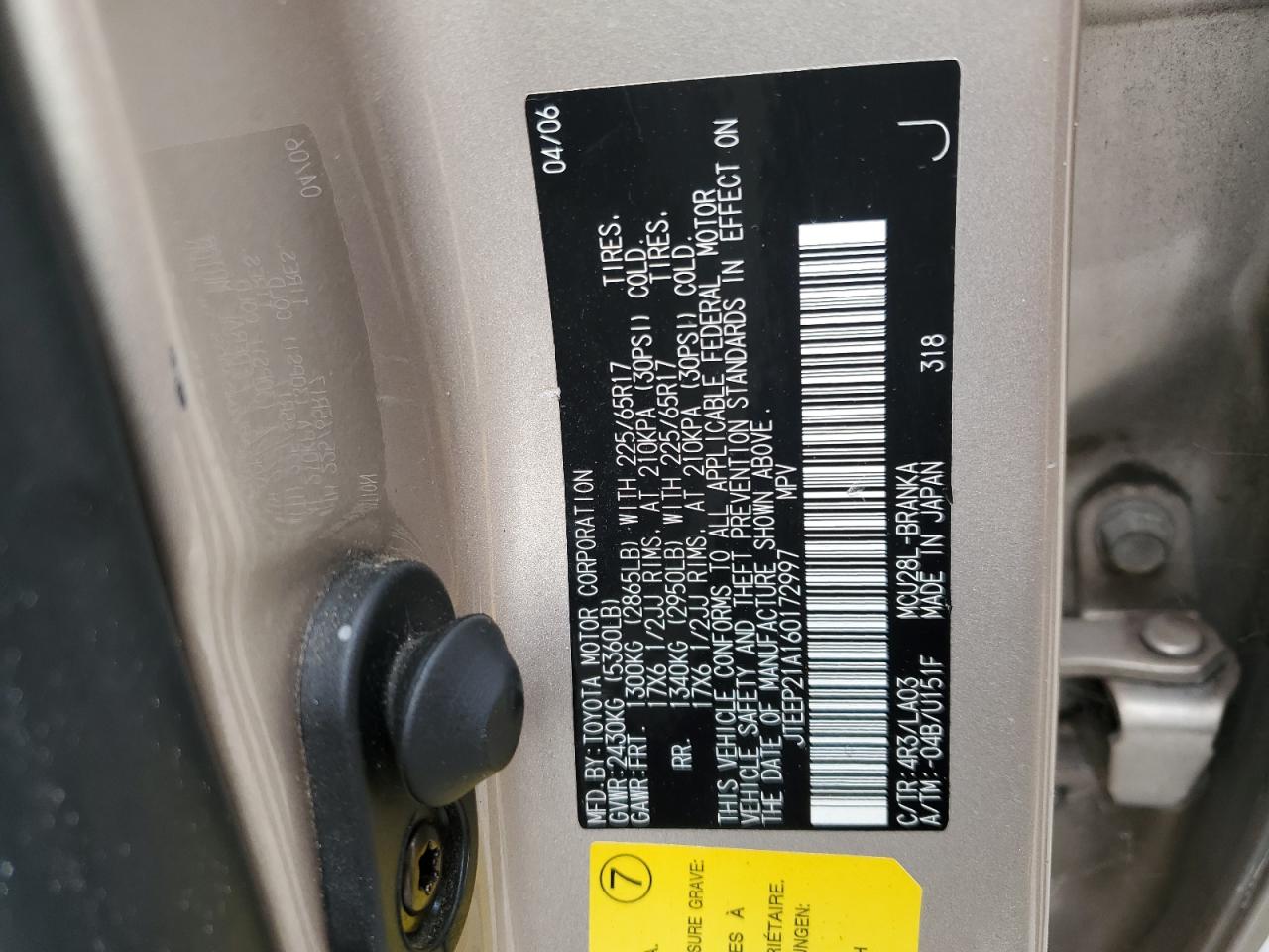 2006 Toyota Highlander Limited VIN: JTEEP21A160172997 Lot: 67507844