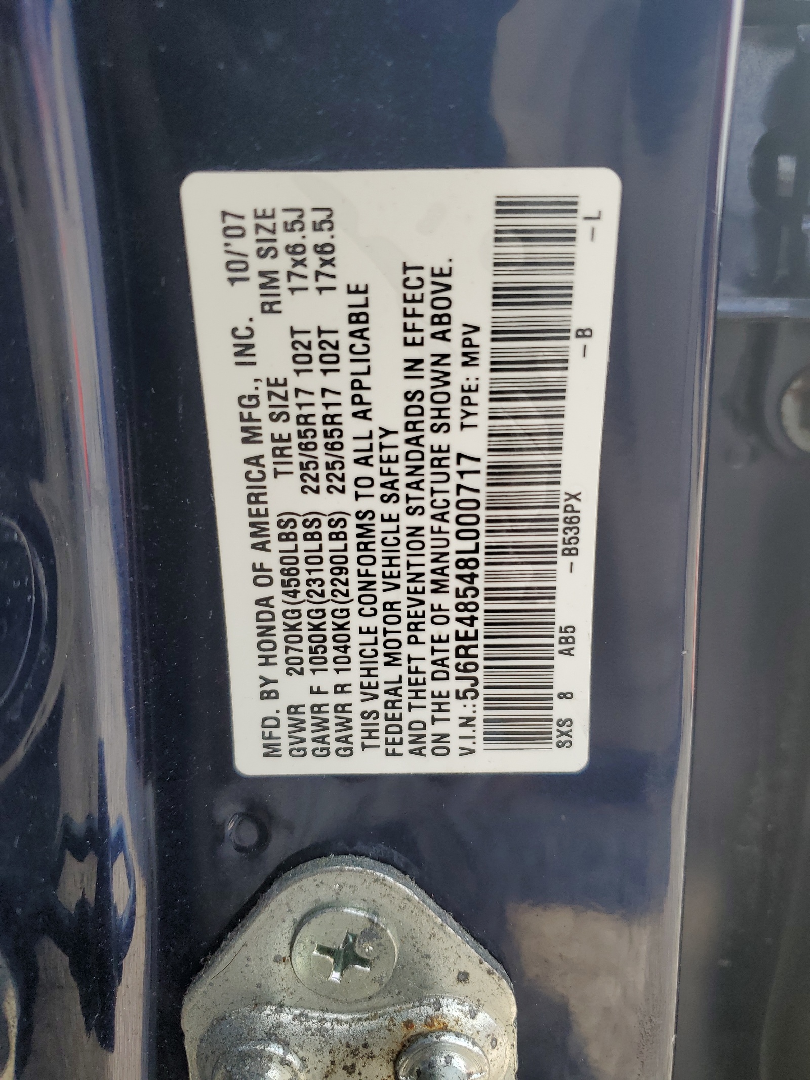 5J6RE48548L000717 2008 Honda Cr-V Ex