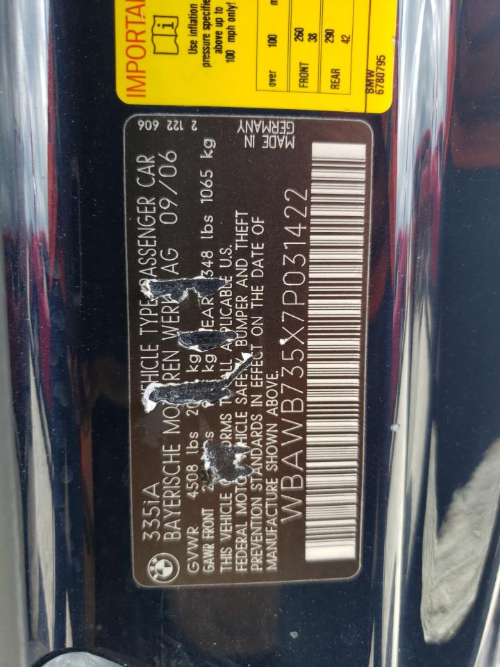 2007 BMW 335 I VIN: WBAWB735X7P031422 Lot: 68471664