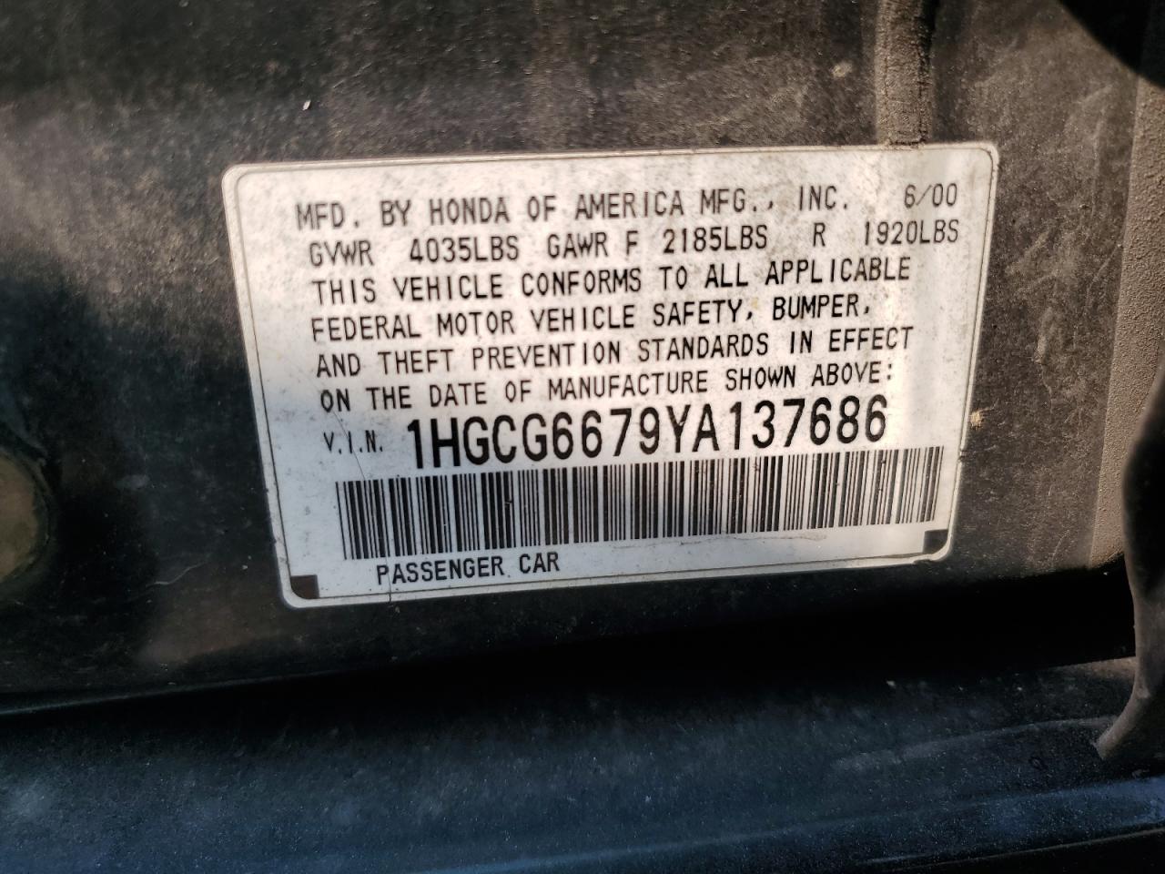 1HGCG6679YA137686 2000 Honda Accord Ex