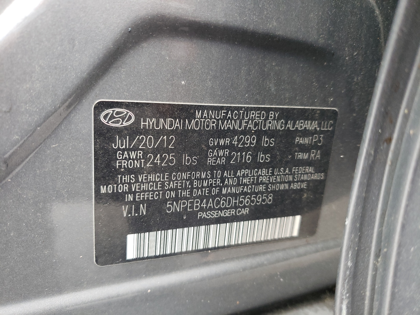 5NPEB4AC6DH565958 2013 Hyundai Sonata Gls