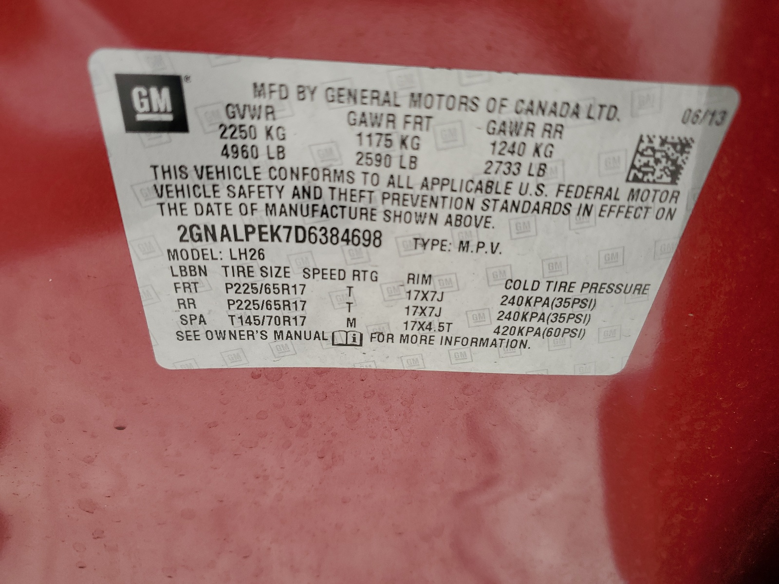 2GNALPEK7D6384698 2013 Chevrolet Equinox Lt