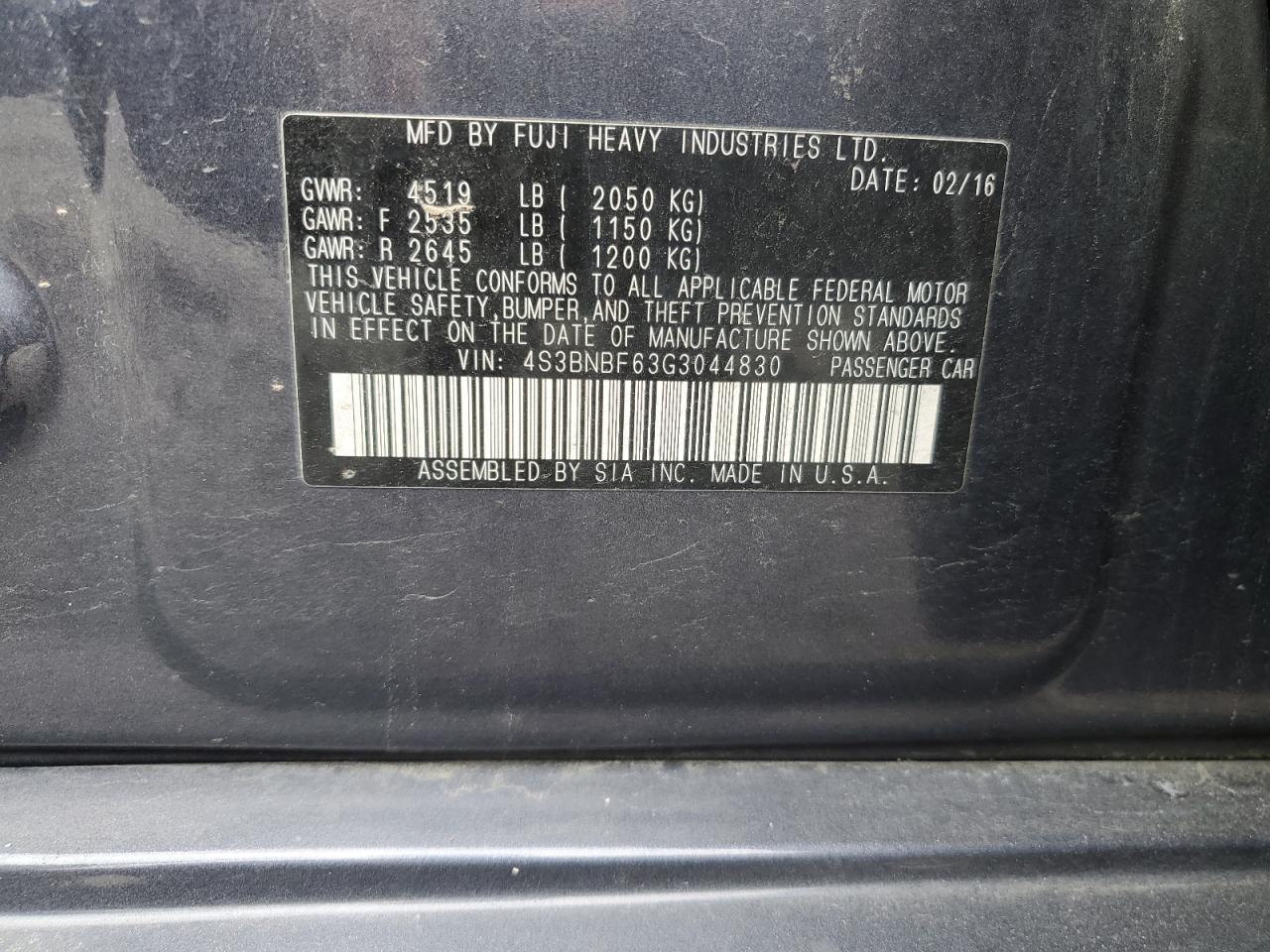 4S3BNBF63G3044830 2016 Subaru Legacy 2.5I Premium