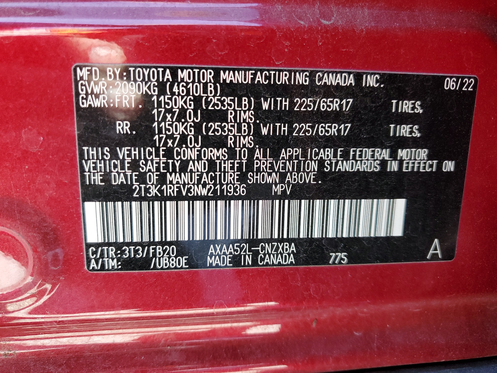 2T3K1RFV3NW211936 2022 Toyota Rav4 Le