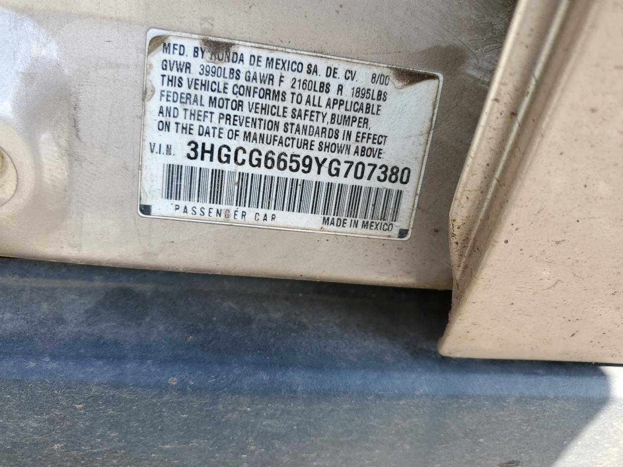 3HGCG6659YG707380 2000 Honda Accord Lx