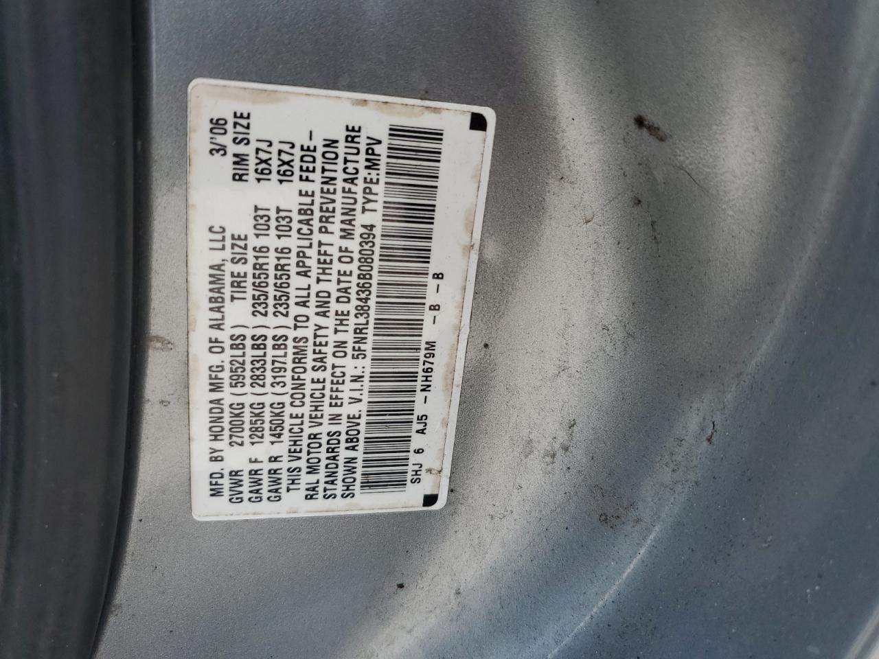 5FNRL38436B080394 2006 Honda Odyssey Ex