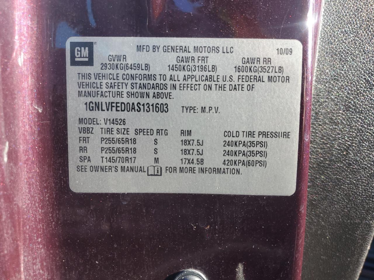 2010 Chevrolet Traverse Lt VIN: 1GNLVFED0AS131603 Lot: 66790054