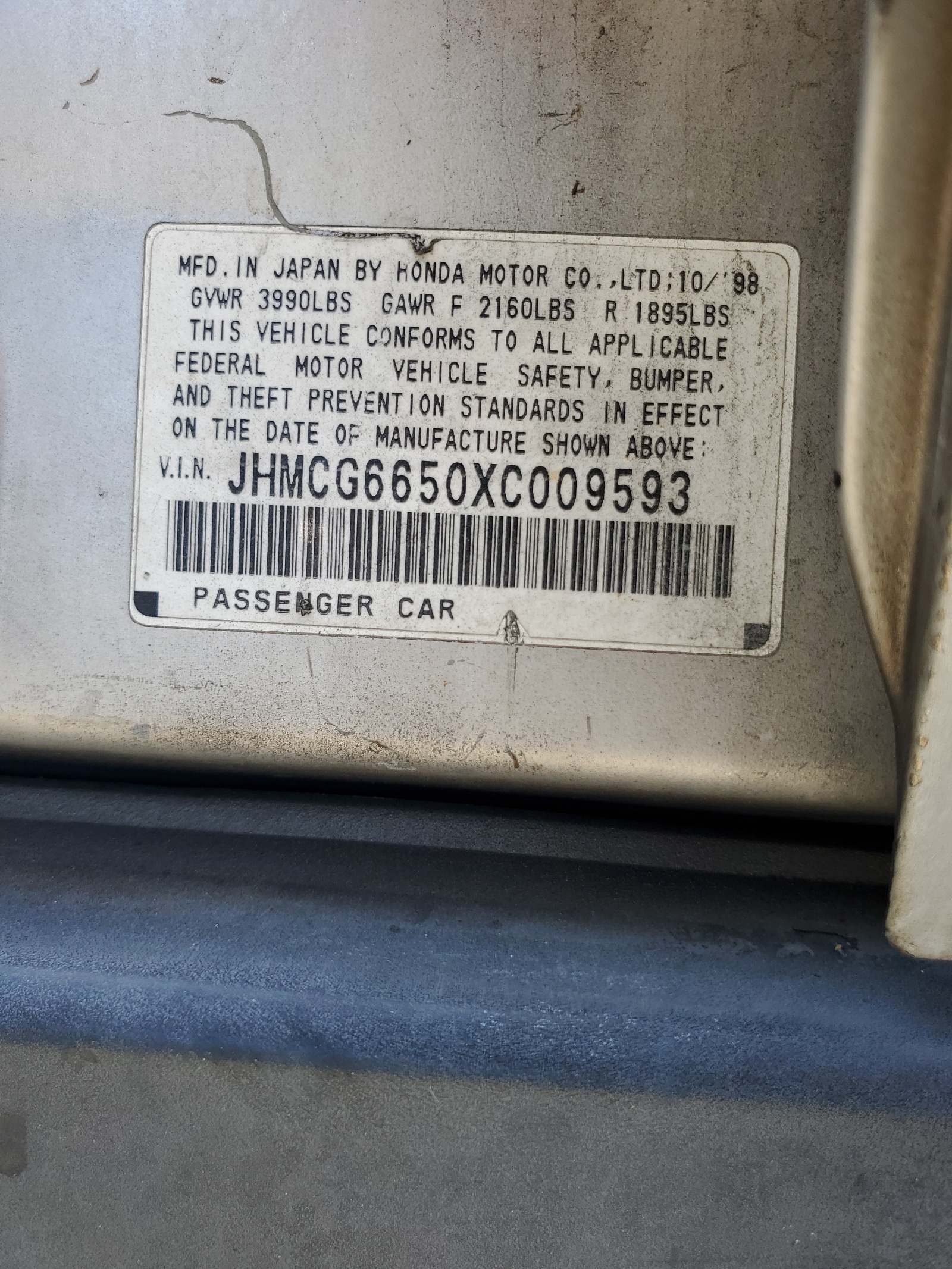 JHMCG6650XC009593 1999 Honda Accord Lx