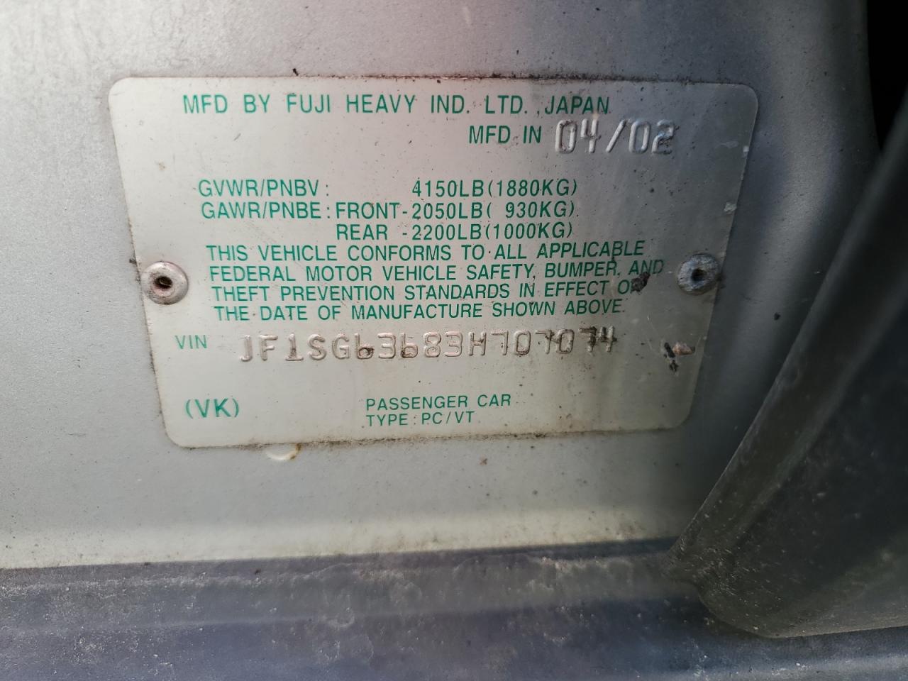 2003 Subaru Forester 2.5X VIN: JF1SG63683H707074 Lot: 66720904