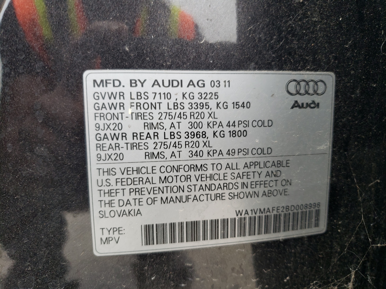 WA1VMAFE2BD008996 2011 Audi Q7 Prestige