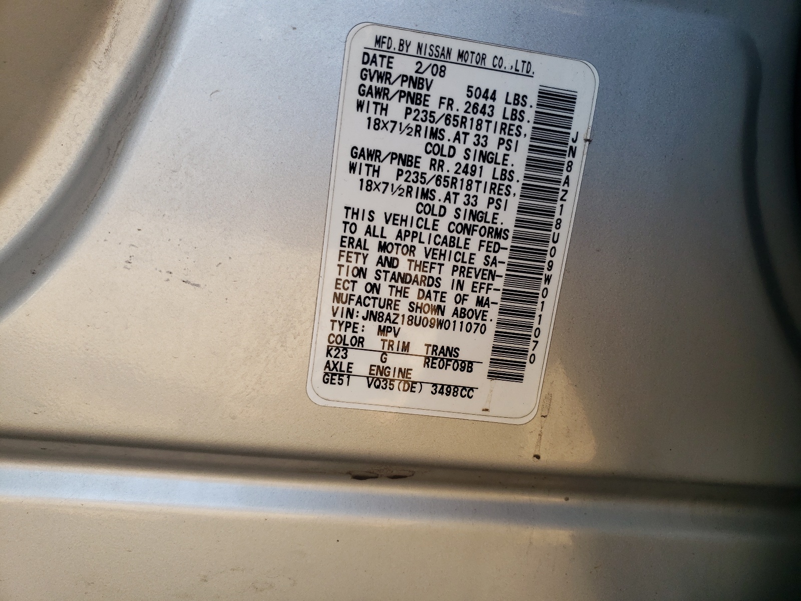 JN8AZ18U09W011070 2009 Nissan Murano S