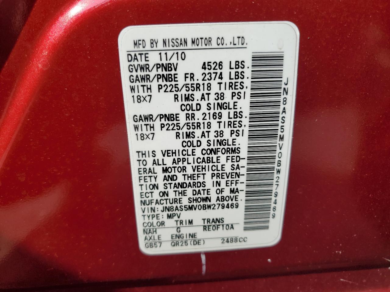 2011 Nissan Rogue S VIN: JN8AS5MV0BW279469 Lot: 65390244