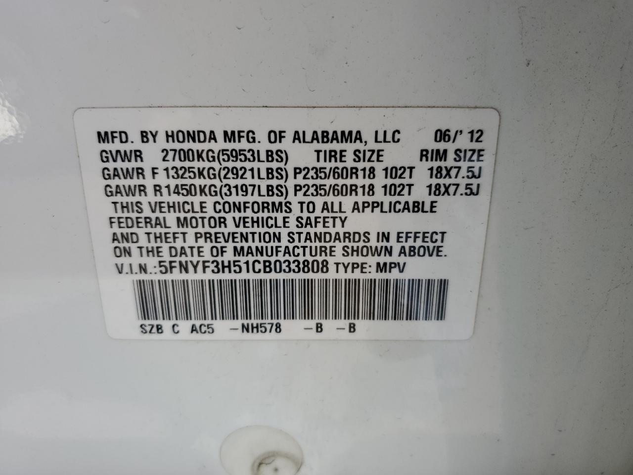 5FNYF3H51CB033808 2012 Honda Pilot Exl